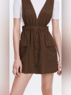 Zara‎ Linen blend Cargo Pinafore Overall  Dress Size Small
